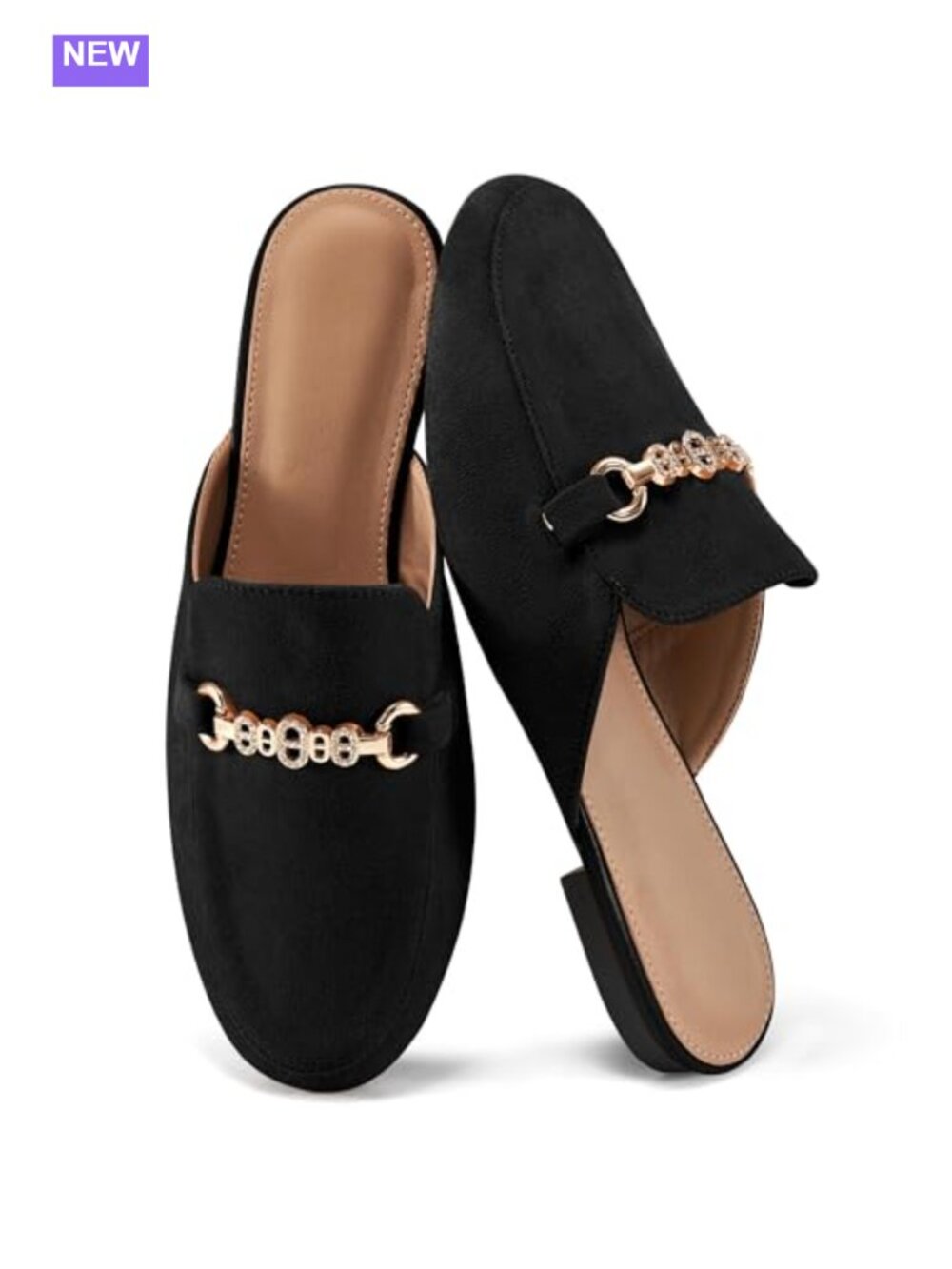 Faux Suede Slip On Mules Crystal Buckle Low Heel Comfort Shoes